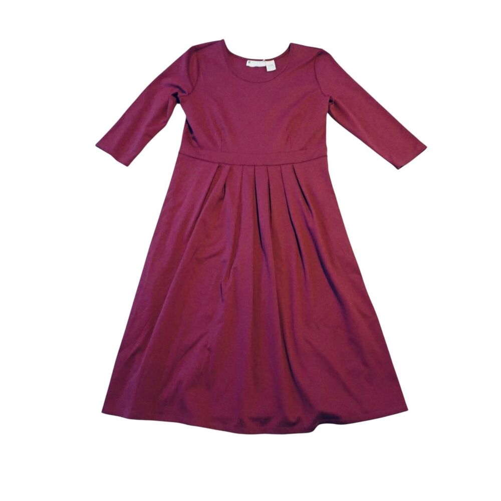 Ella Simone Dress M Burgundy Pleated Skirt 3/4 Sleeve Side Zip Fit Flare Vermont
